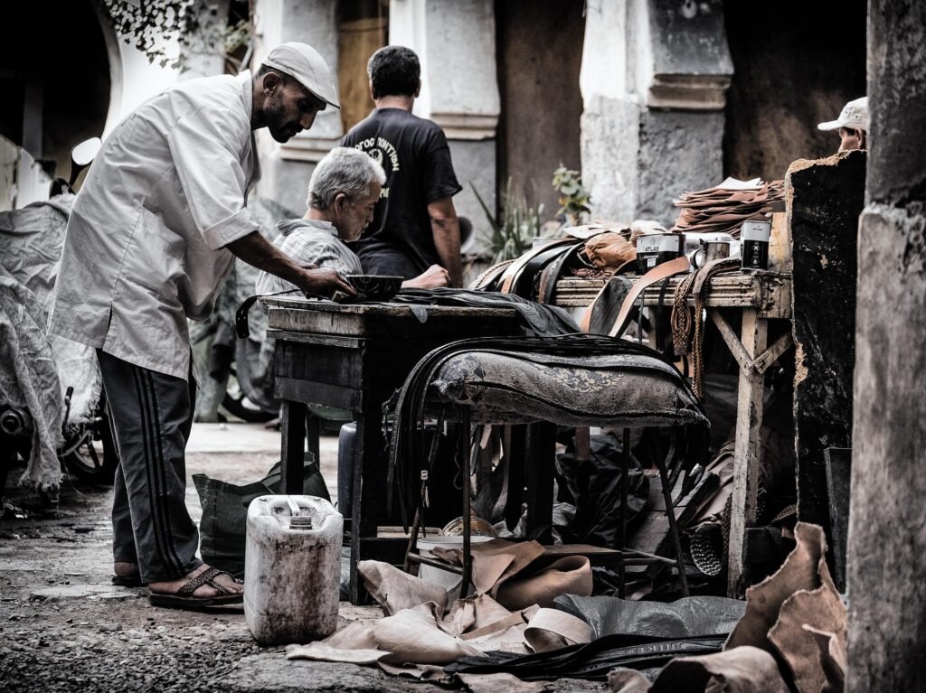 Leather dyeing vats at a traditional tannery in Marrakesh