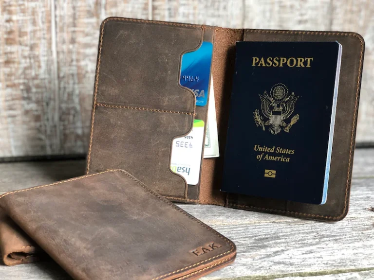 Brown leather passport wallet holding a United States passport