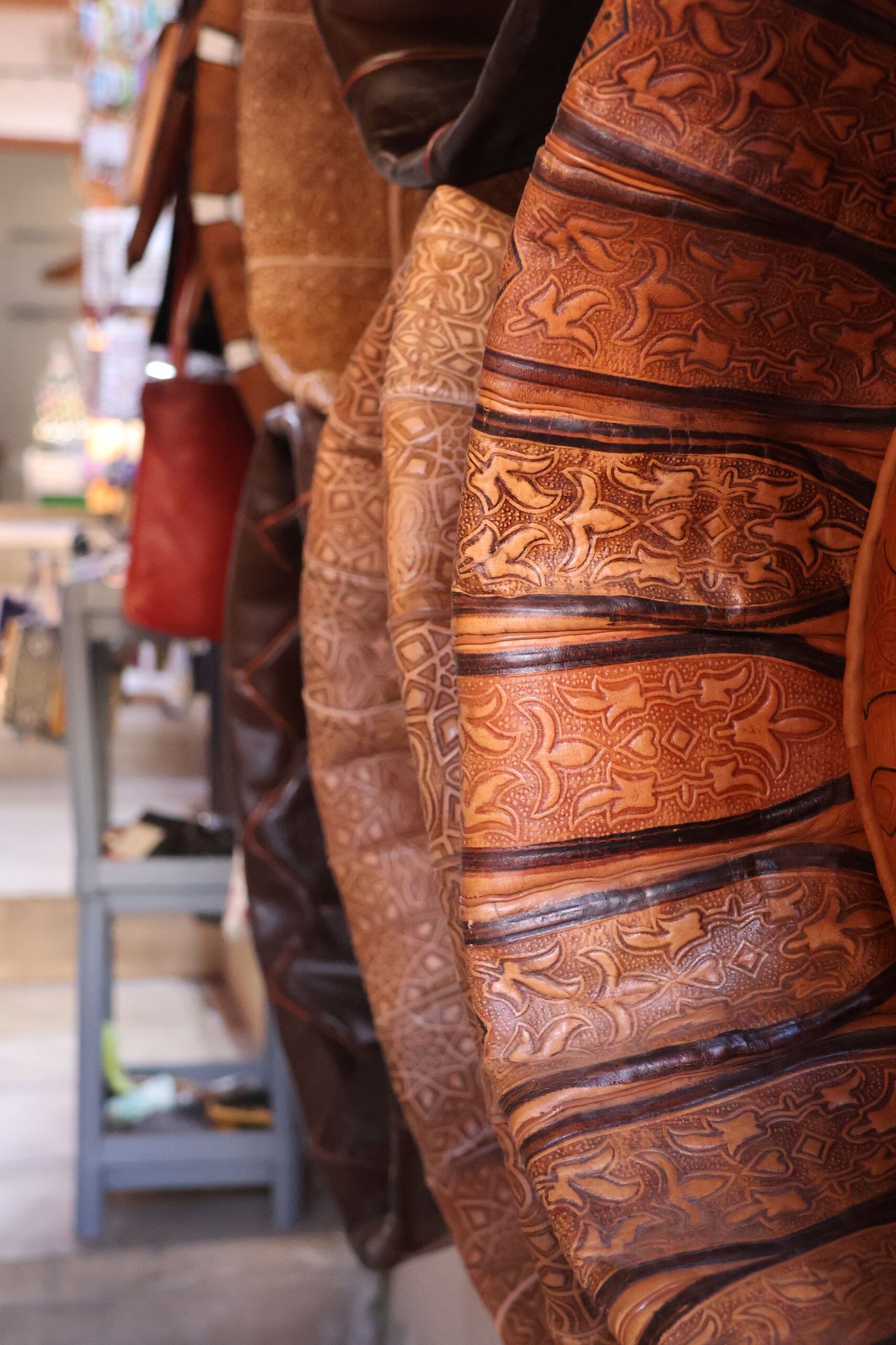 Close-up of hand-tooled leather with an embossed pattern