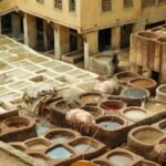 Aerial view of the dye pits at a traditional Moroccan leather tannery