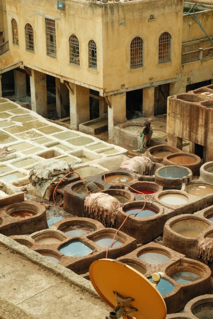Dye and tanning pits at a traditional tannery seen from above